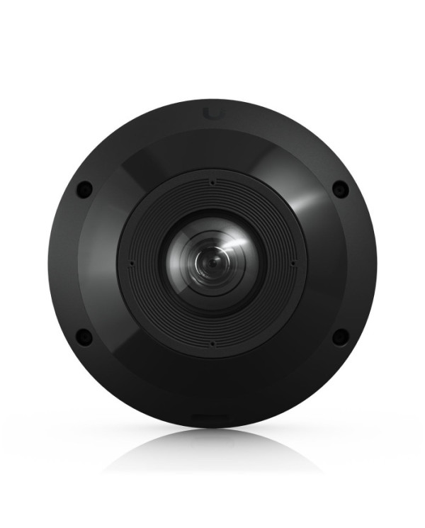 Melna 360 grādu IP kamera ar 4K izšķirtspēju, novietota uz balta fona.