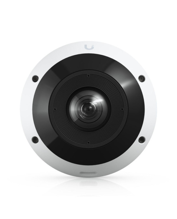 Balta 360 grādu IP kamera ar augstas izšķirtspējas objektīvu un modernu dizainu, novietota uz balta fona.