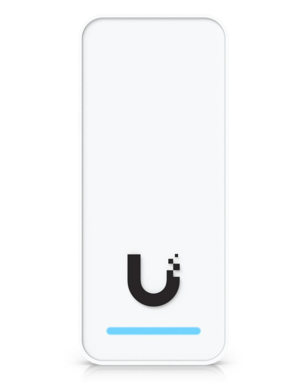 Balts piekļuves lasītājs ar gludu dizainu, paredzēts Ubiquiti UniFi sistēmai, uzstādīts uz sienas.