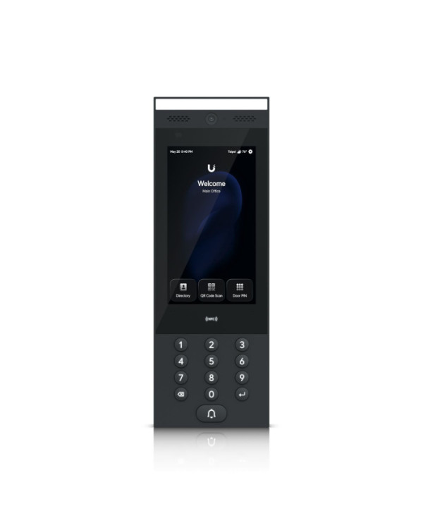 Modern intercom device with a sleek design, featuring a camera and speaker, mounted on a wall.