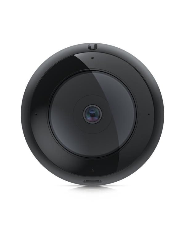 Balta IP kamera ar 360 grādu skatu, uzstādīta uz sienas, ar modernu dizainu un LED indikatora gaismu.