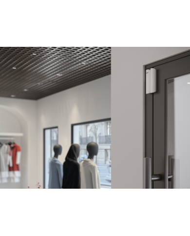 Balts durvju sensors ar elegantu dizainu, paredzēts mājas drošībai un aizsardzībai.