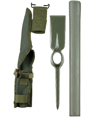 US Pickaxe, metal, OD green, with wooden shaft and cover