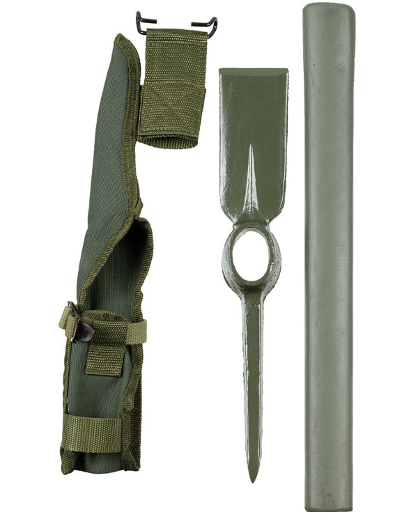 US Pickaxe, metal, OD green, with wooden shaft and cover