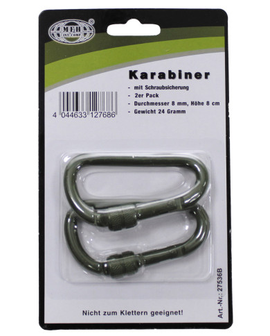 Carabiner, screw lock, D 8 mm x 8 cm, 2-pack, OD green