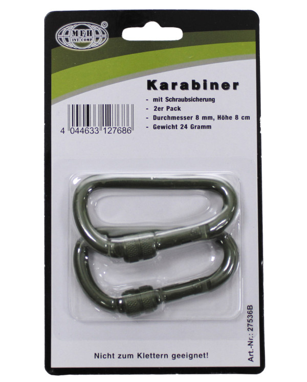 Carabiner, screw lock, D 8 mm x 8 cm, 2-pack, OD green