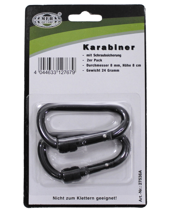 Carabiner, screw lock, D 8 mm x 8 cm, 2-pack, black
