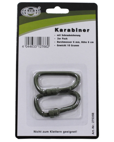 Carabiner, screw lock, D 6 mm x 6 cm, 2-pack, OD green