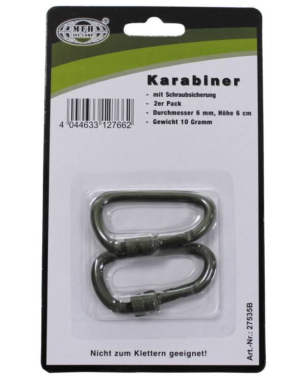 Carabiner, screw lock, D 6 mm x 6 cm, 2-pack, OD green