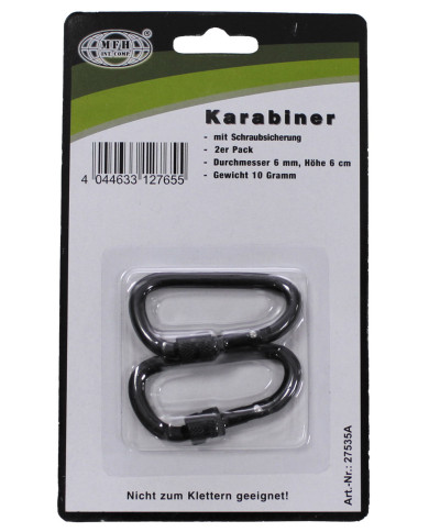 Carabiner, screw lock,  D 6 mm x 6 cm, 2-pack, black