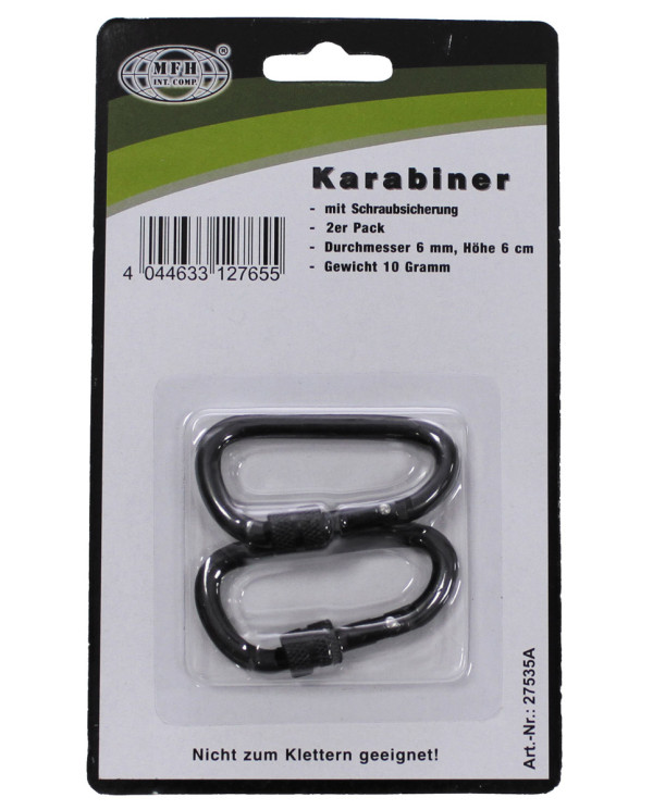 Carabiner, screw lock,  D 6 mm x 6 cm, 2-pack, black