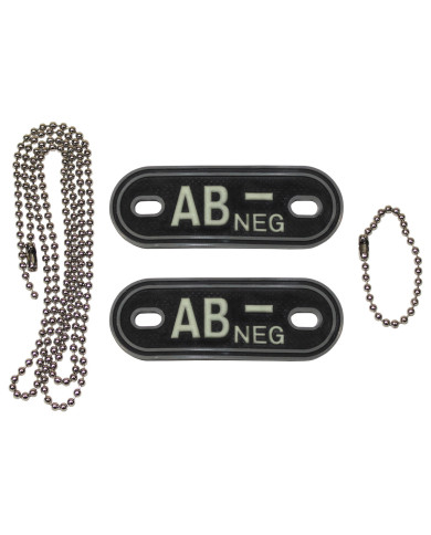 Blood Group Markers, with chains, phosphorescent, "AB NEG", 3 D
