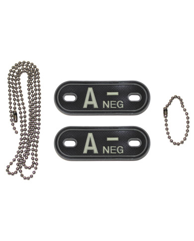 Blood Group Markers, with chains, phosphorescent, "A NEG", 3D