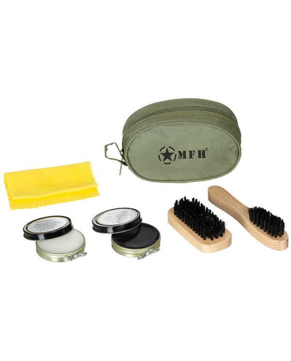Shoe Polish Set, OD green, 2 brushes, 2 shoe polish cans