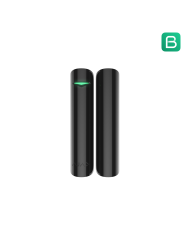 Melns bezvadu durvju sensors ar elegantu dizainu un LED indikatoru, novietots uz balta fona.