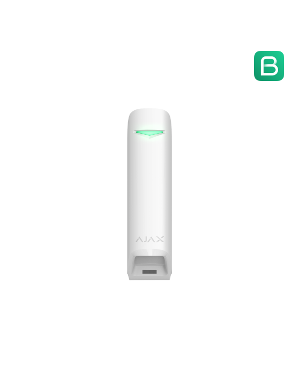 Balts kustību sensors ar plānu dizainu, paredzēts iekštelpu uzraudzībai un drošībai.