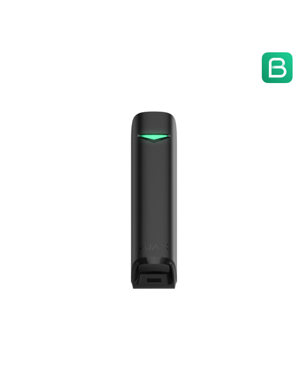 Melns kustību sensors ar elegantu dizainu, paredzēts iekštelpu uzraudzībai un drošībai.