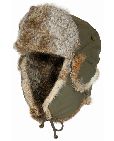 Fur Hat, OD green, brown real fur, quilted lining