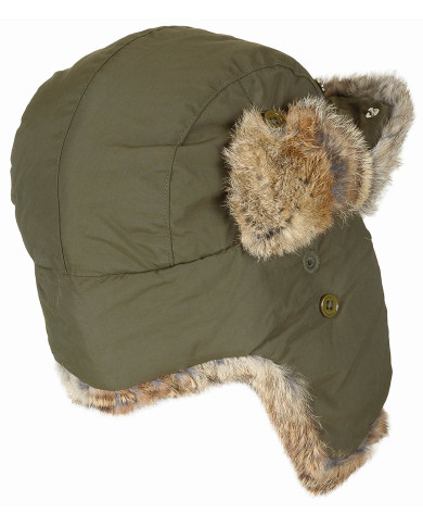 Fur Hat, OD green, brown real fur, quilted lining