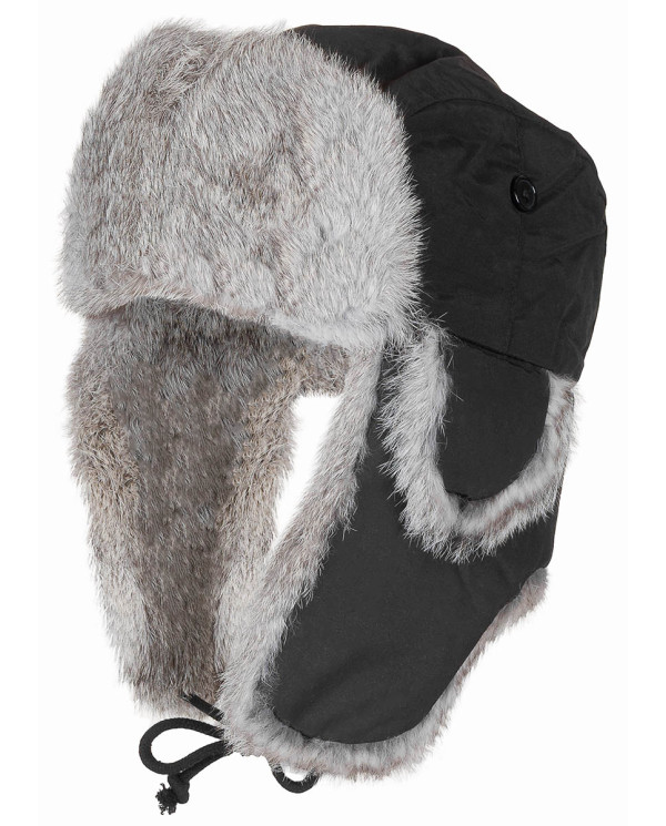 Fur Hat, black, grey real fur, quilted lining