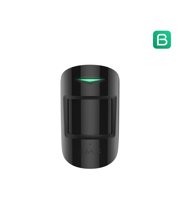 Melns kustību sensors ar modernu dizainu, paredzēts drošības sistēmām un mājas automatizācijai.