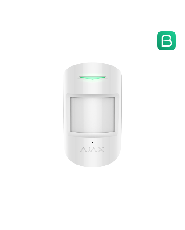 Balts kustību sensors ar kompaktām formām un uzstādīšanas piederumiem.