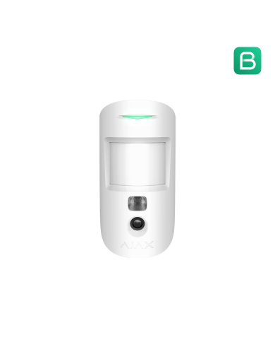 Balts kustību sensors ar kameru, uzstādīts uz sienas, ar LED indikāciju un modernu dizainu.