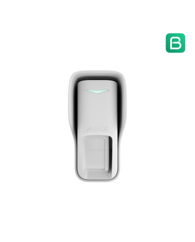 Balts kustību sensors ar montāžas stiprinājumiem, paredzēts ārējai lietošanai.