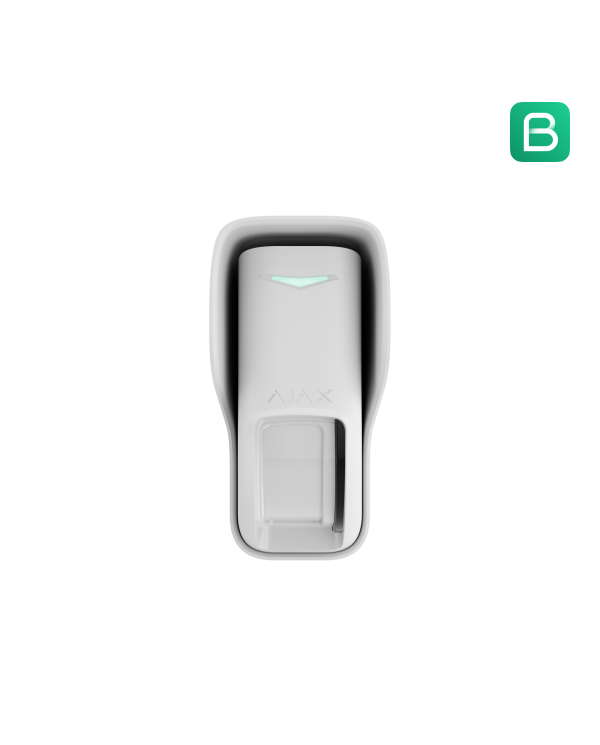 Balts kustību sensors ar montāžas stiprinājumiem, paredzēts ārējai lietošanai.
